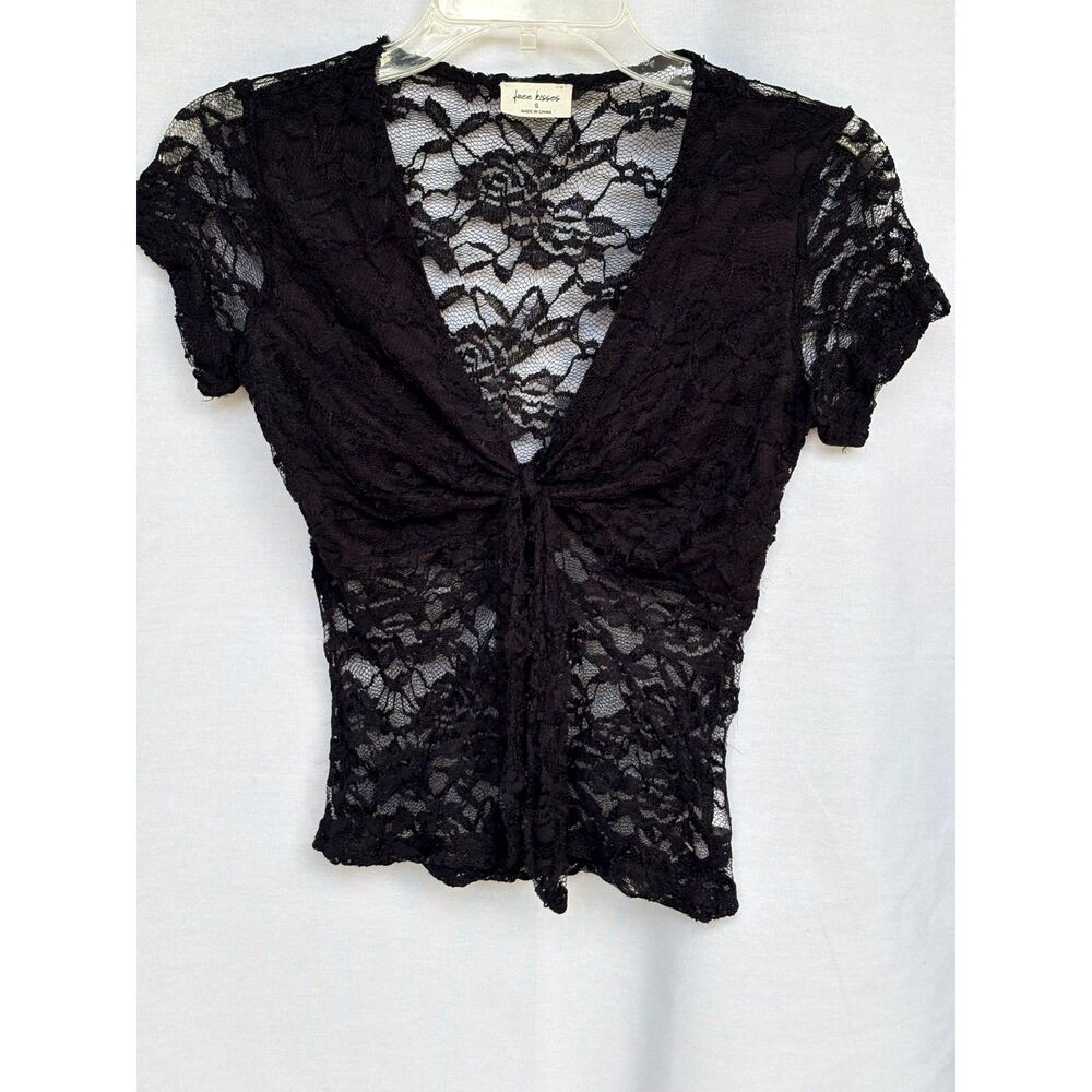 Free Kisses Black Sheer Floral Lace Tie Front V Neck Top Cardigan Coquet